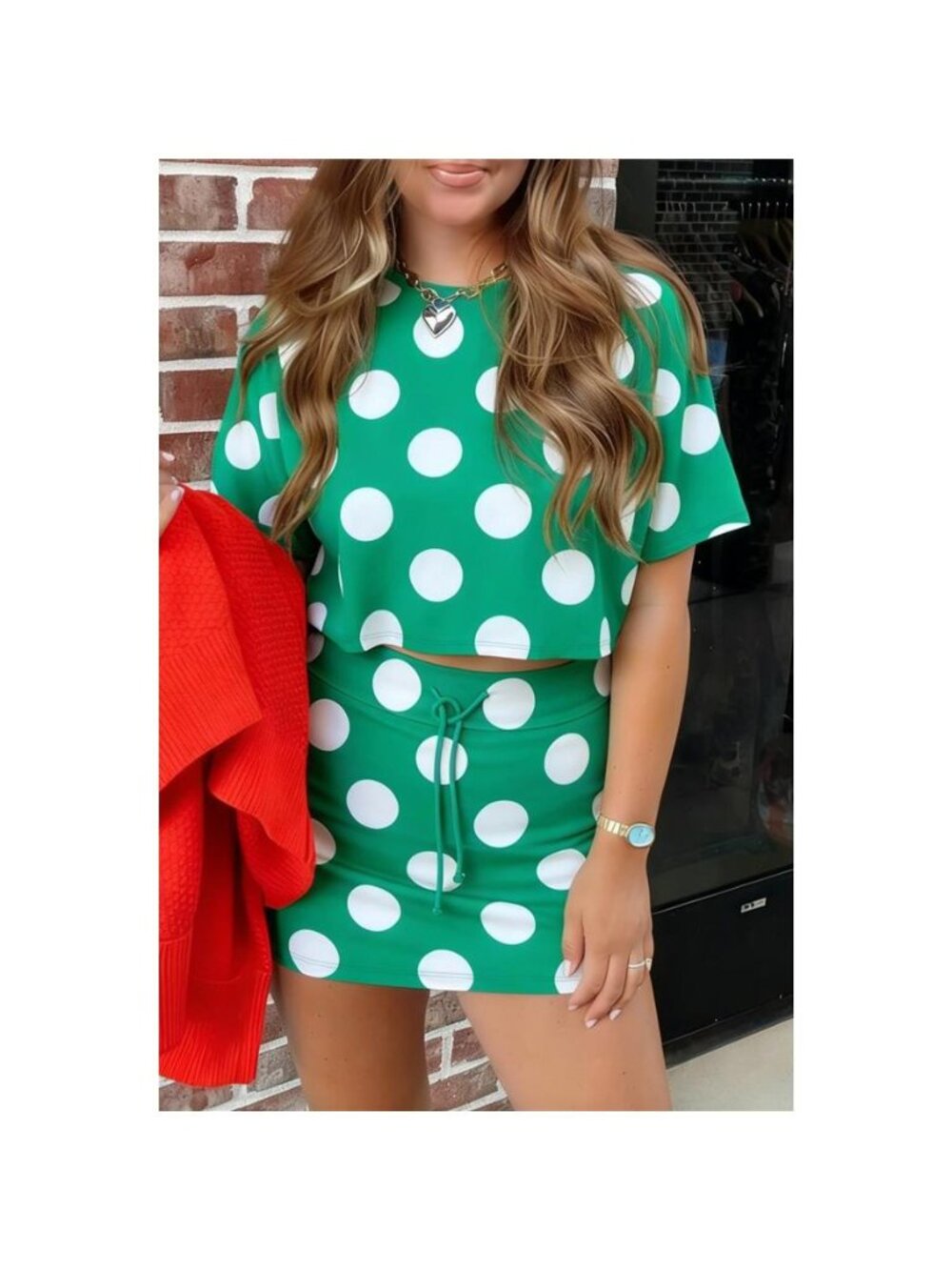 Polka Dot Print Cropped Tee Bodycon Skort 2pcs Set